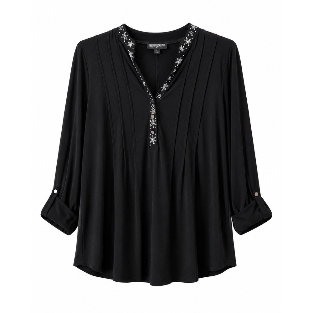 G.T.B. Womens Black Embellished Henley Blouse Tunic 3/4 Sleeve Top M